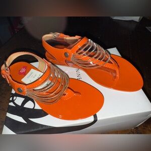 Nine West Shiny Orange Sandals with Silver Accents